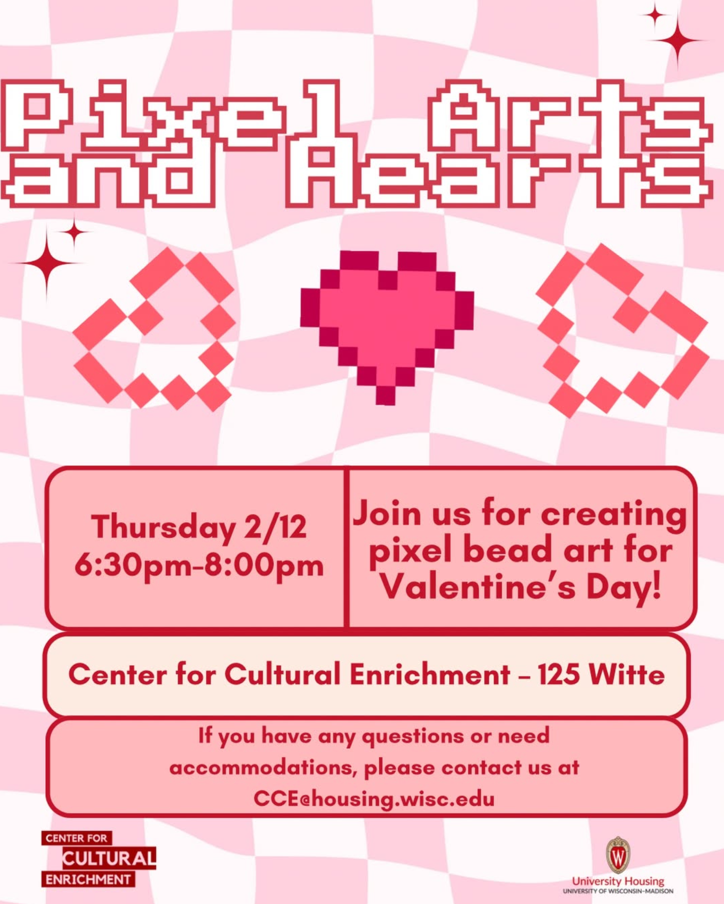 CCE Pixel Arts and Hearts event graphic