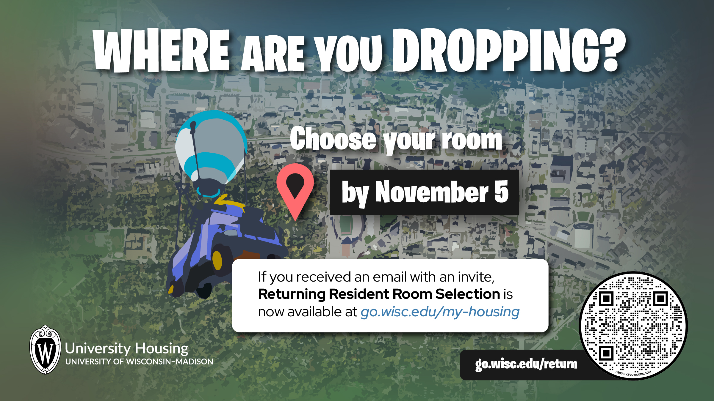 "Where are you dropping?" Room Selection Promotional Graphic