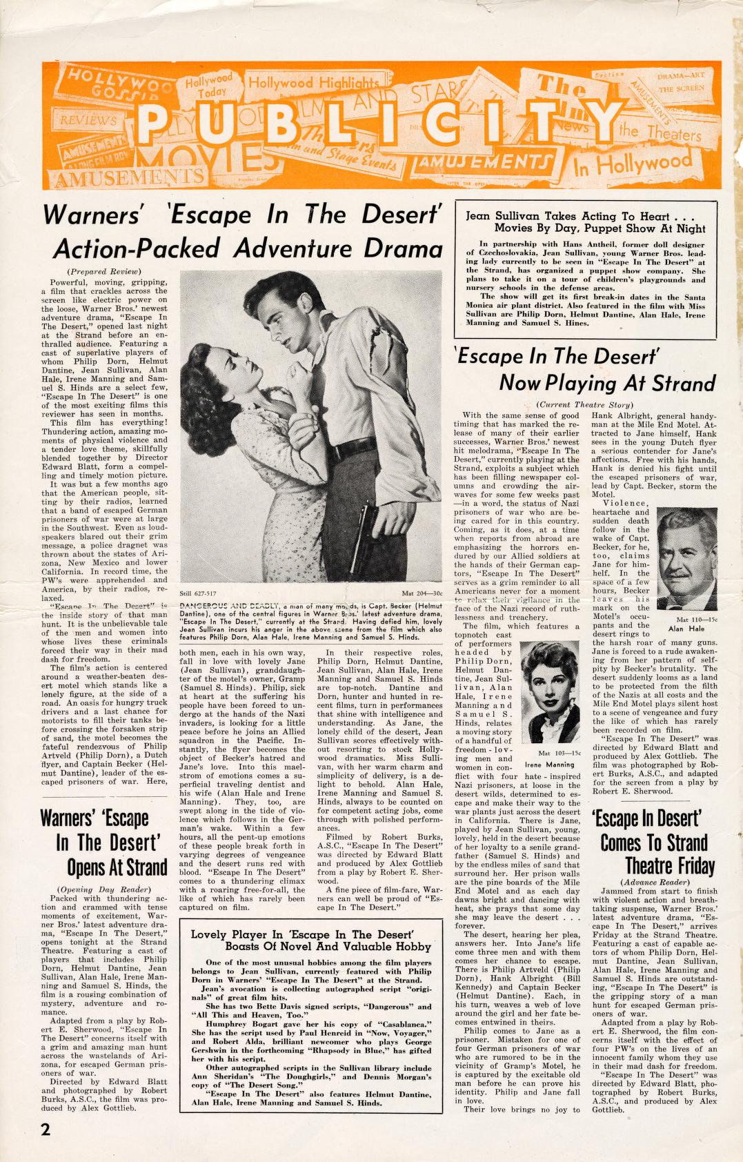 A page from the pressbook for the film Escape in the Desert showing sample newspaper articles.