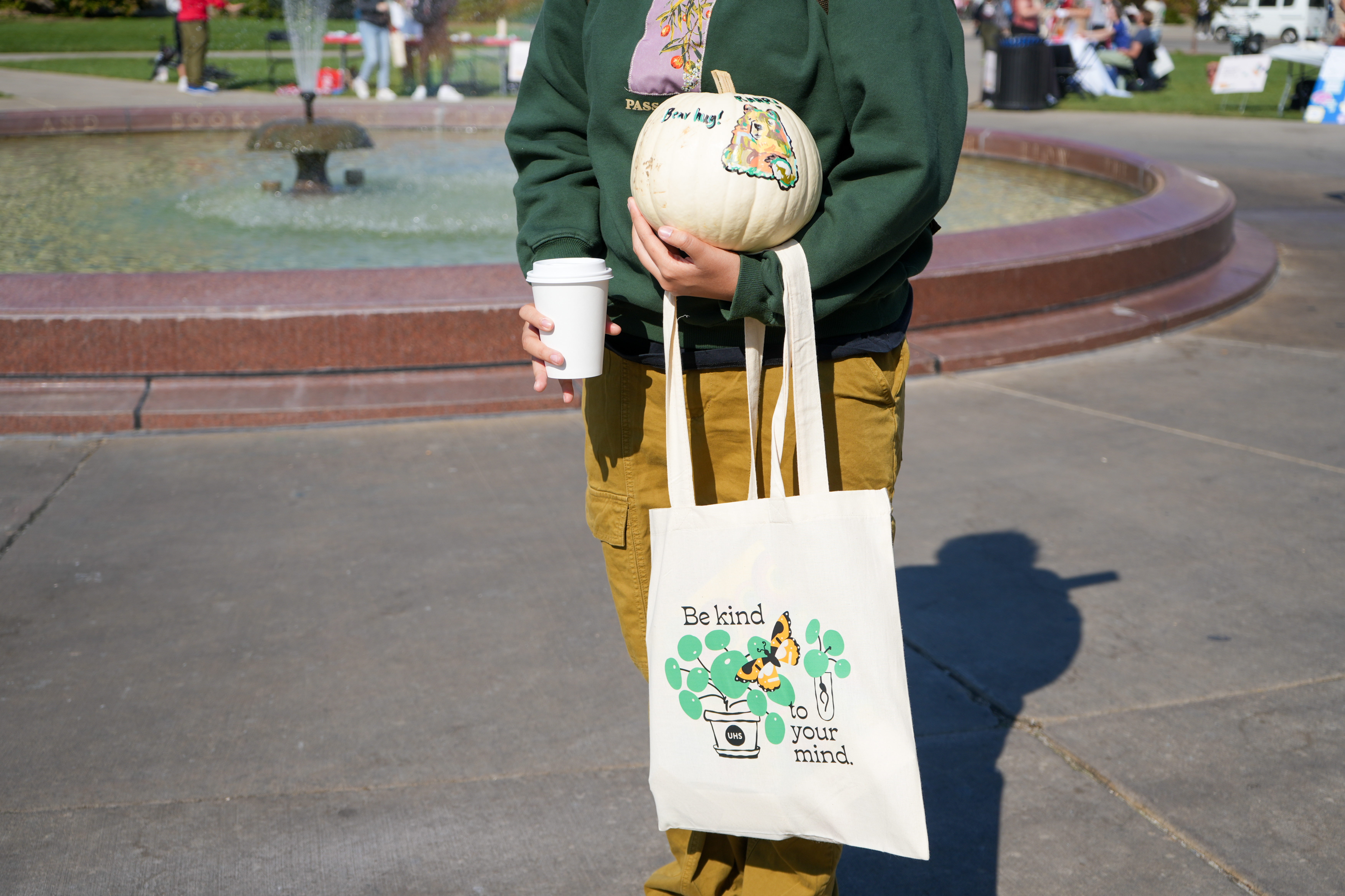 Decorated pumpkin and tote bag at the Mental Wellbeing Resource Fair