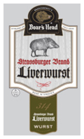 A product label for Boar's Head Strausburger Brand Liverwurst, featuring a vintage-style illustration of a boar and a wild pig. The label uses black, red, and gold text with decorative borders, highlighting key details like "Made in Virginia," "Established 1905," and "Keep Refrigerated."