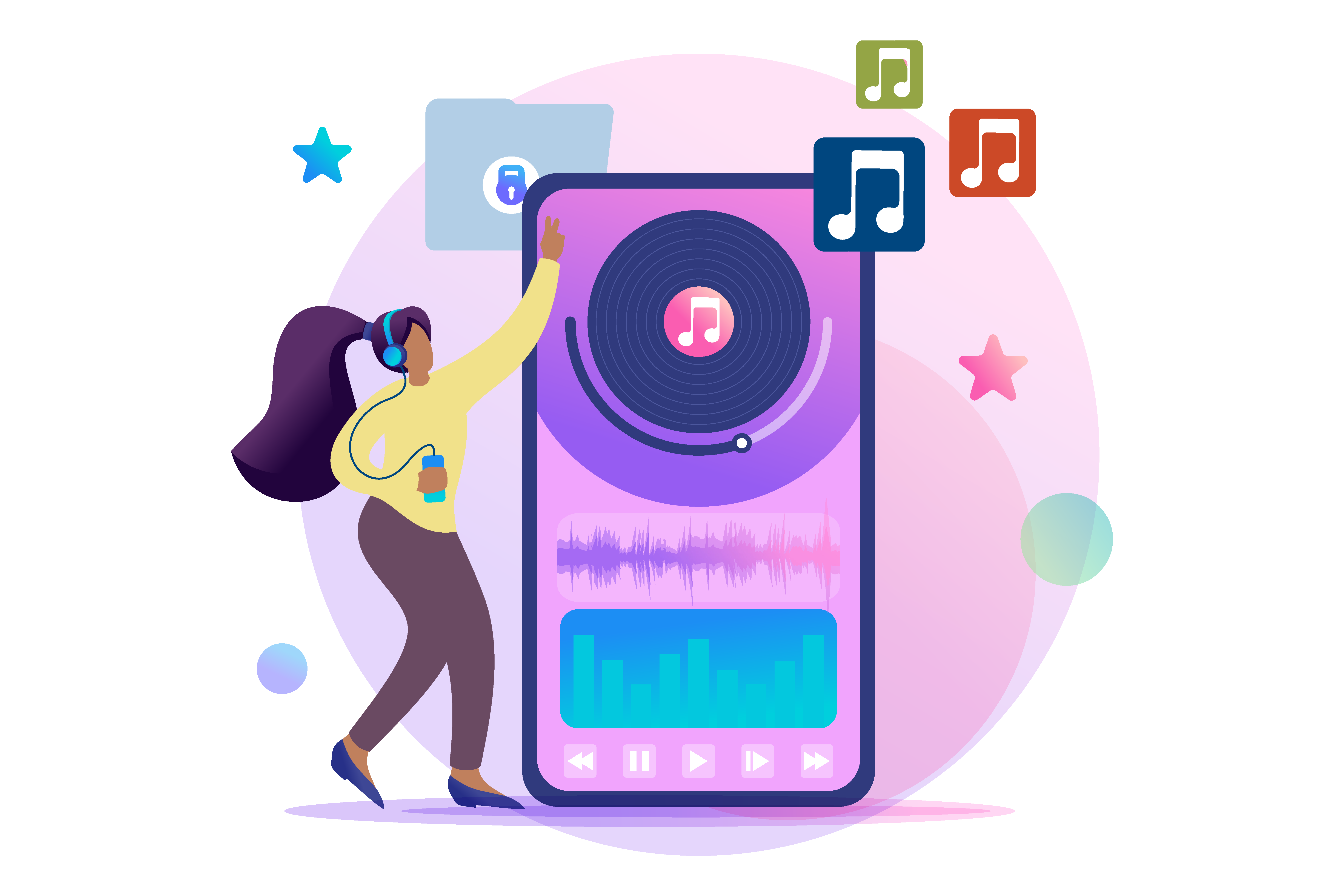 cartoon woman dancing with headphones on in front of abstract music notes