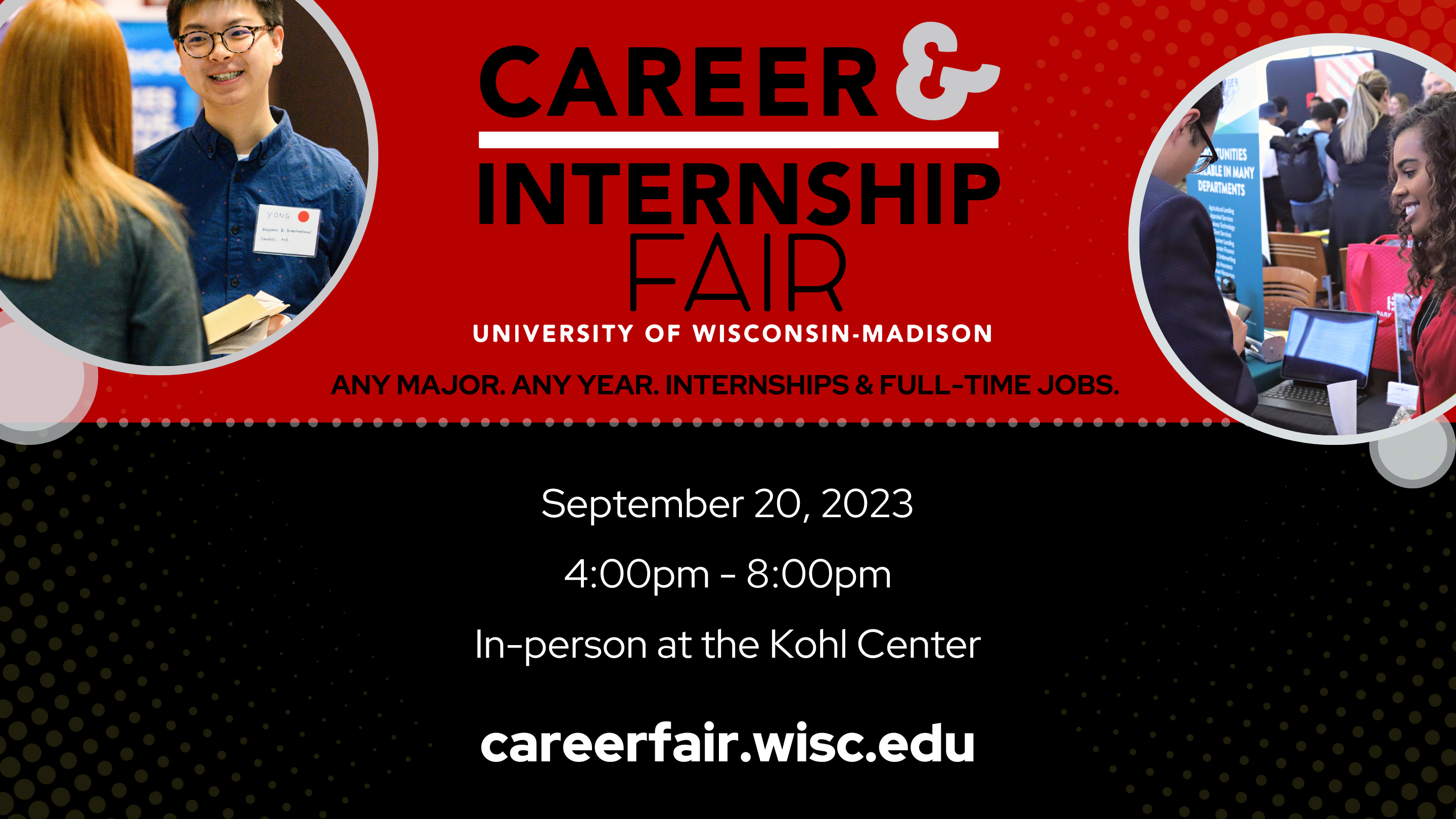 Banner reading "Career and Internship Fair" with details for the event.