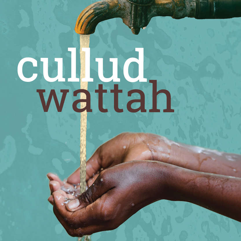 cullud wattah logo of rusted faucet pouring water onto ourstretched hands