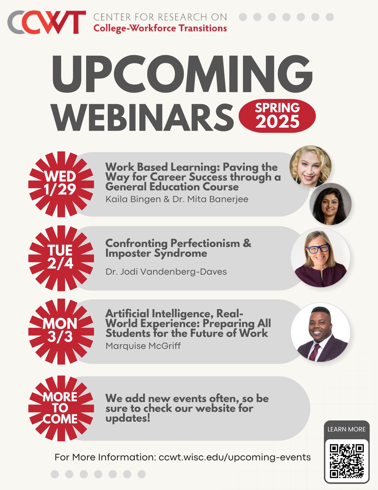 Decorative image that outlines the three upcoming webinars.