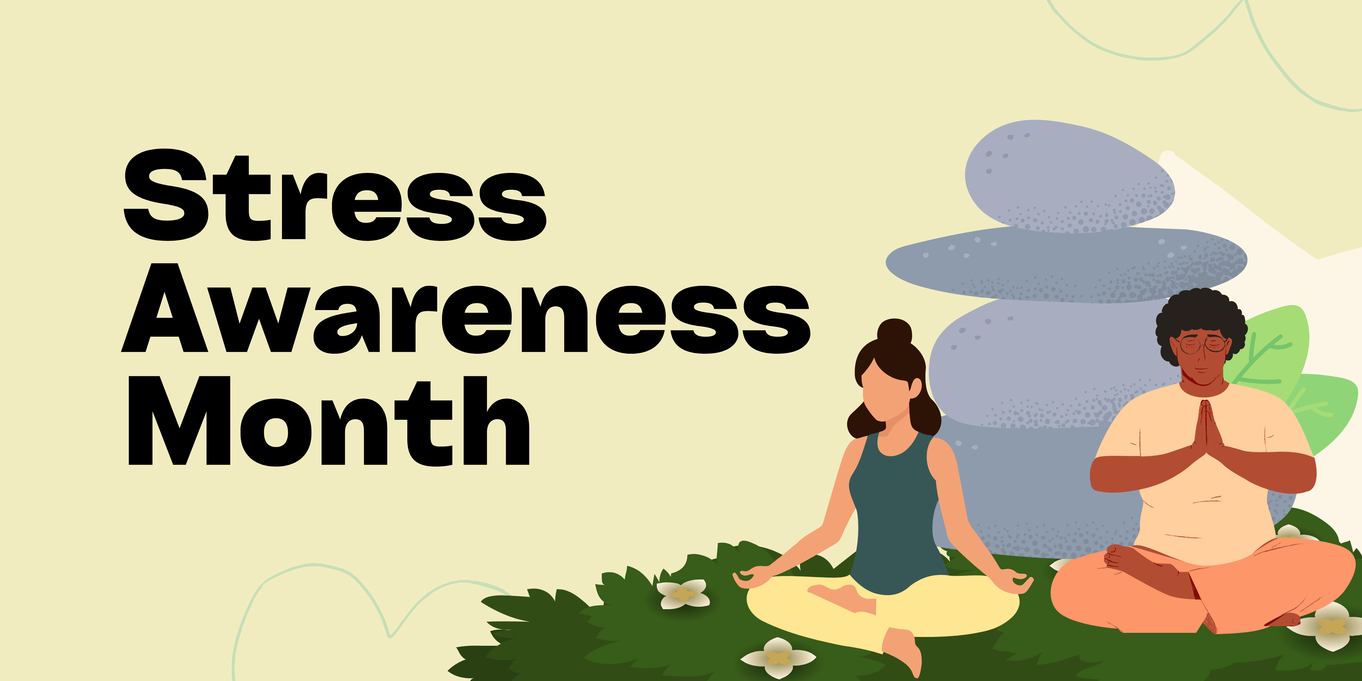 Banner titled "Stress Awareness Month" showing two figures meditating on a grassy knoll in front of a rock formation