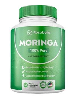 Bottle of Rosabella brand moringa leaf powder with green label