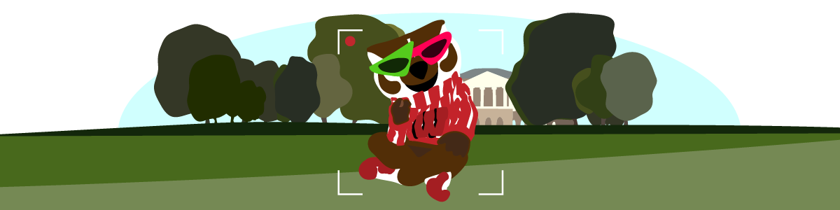 Illustration of Bucky sitting on Bascom Hill wearing sunglasses with a camera viewfinder overlaid