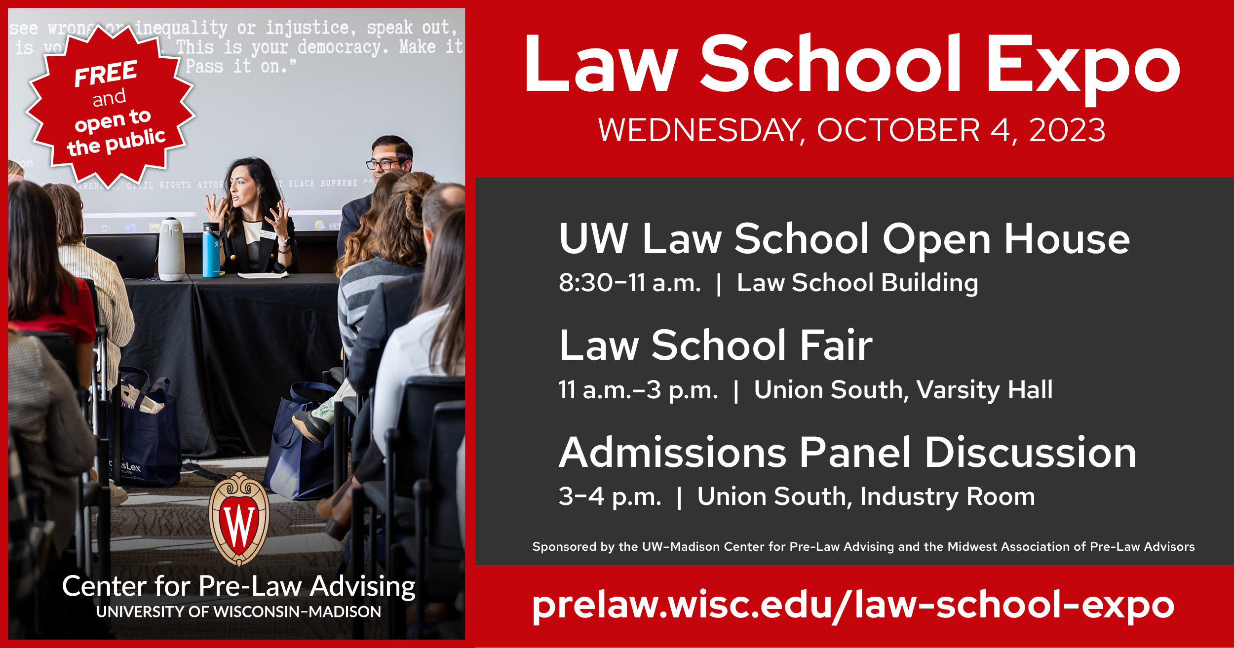 An informational flyer outlining the Law School Expo events, including the schedule for the open house, law school fair, and discussion panel.