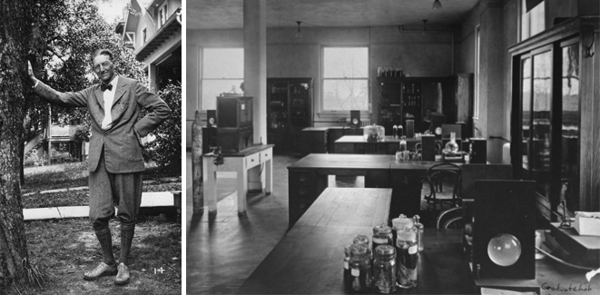At left a black and white image of a man weraing and bow tie and suit is shown standing next to a tree, at right a black and white image of a classroom lab setting
