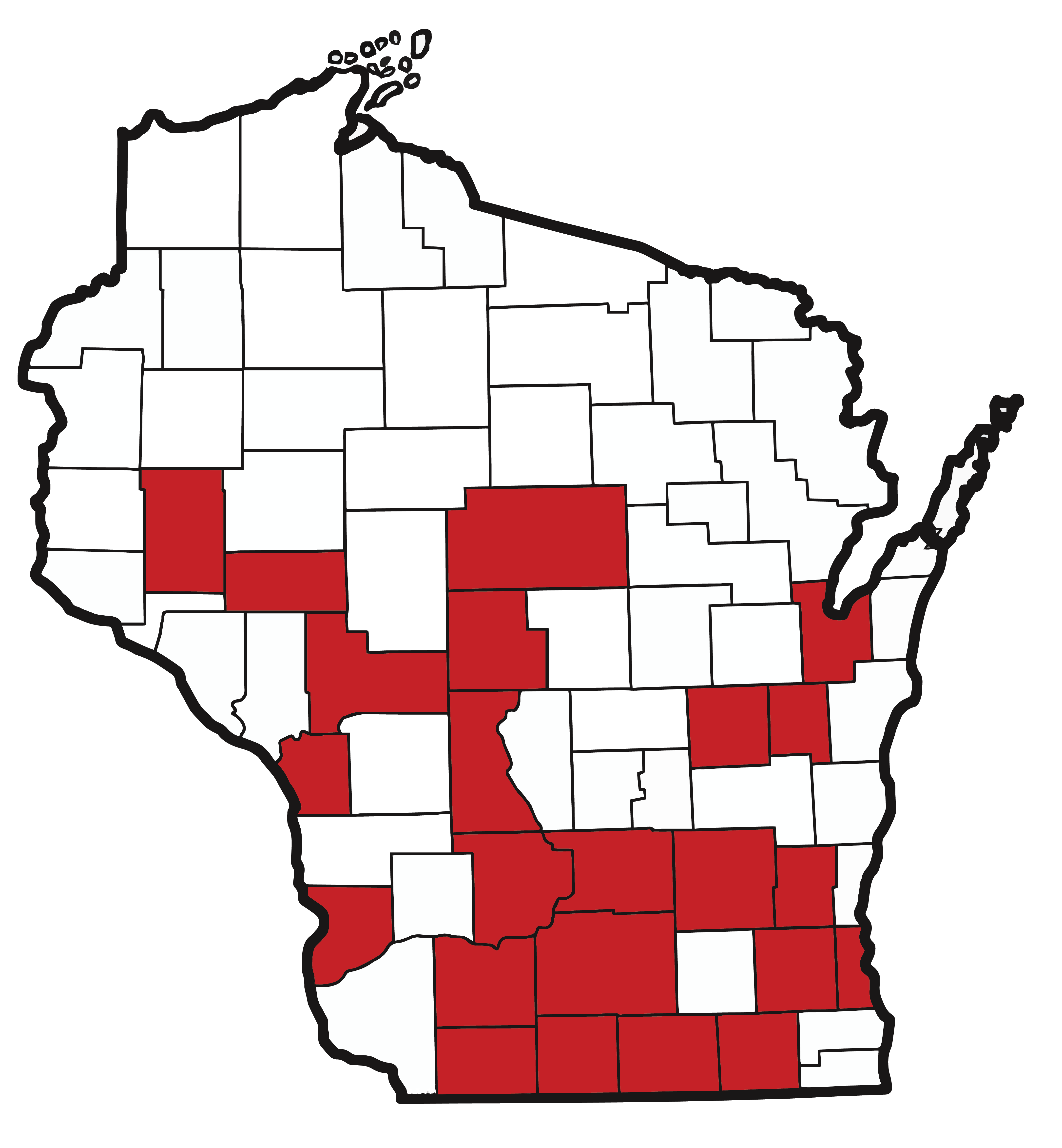 a map of the state of Wisconsin with counties outlined. Counties that have been visited are colored red