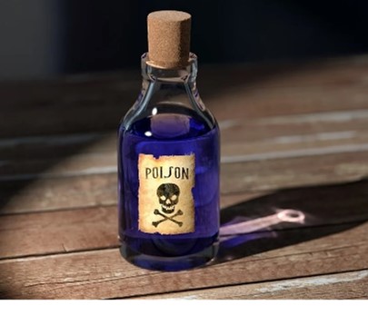Photograph of a small glass bottle filled with blue liquid and sealed with a cork, labeled "POISON" with a skull and crossbones symbol. Bottle casts a shadow on a wooden surface, emphasizing warning and danger associated with contents.