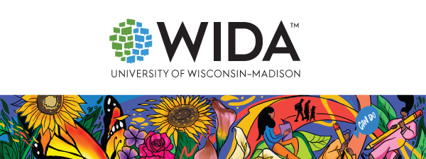 The WIDA logo above abstract artwork depicting sunflowers, butterflies, and students