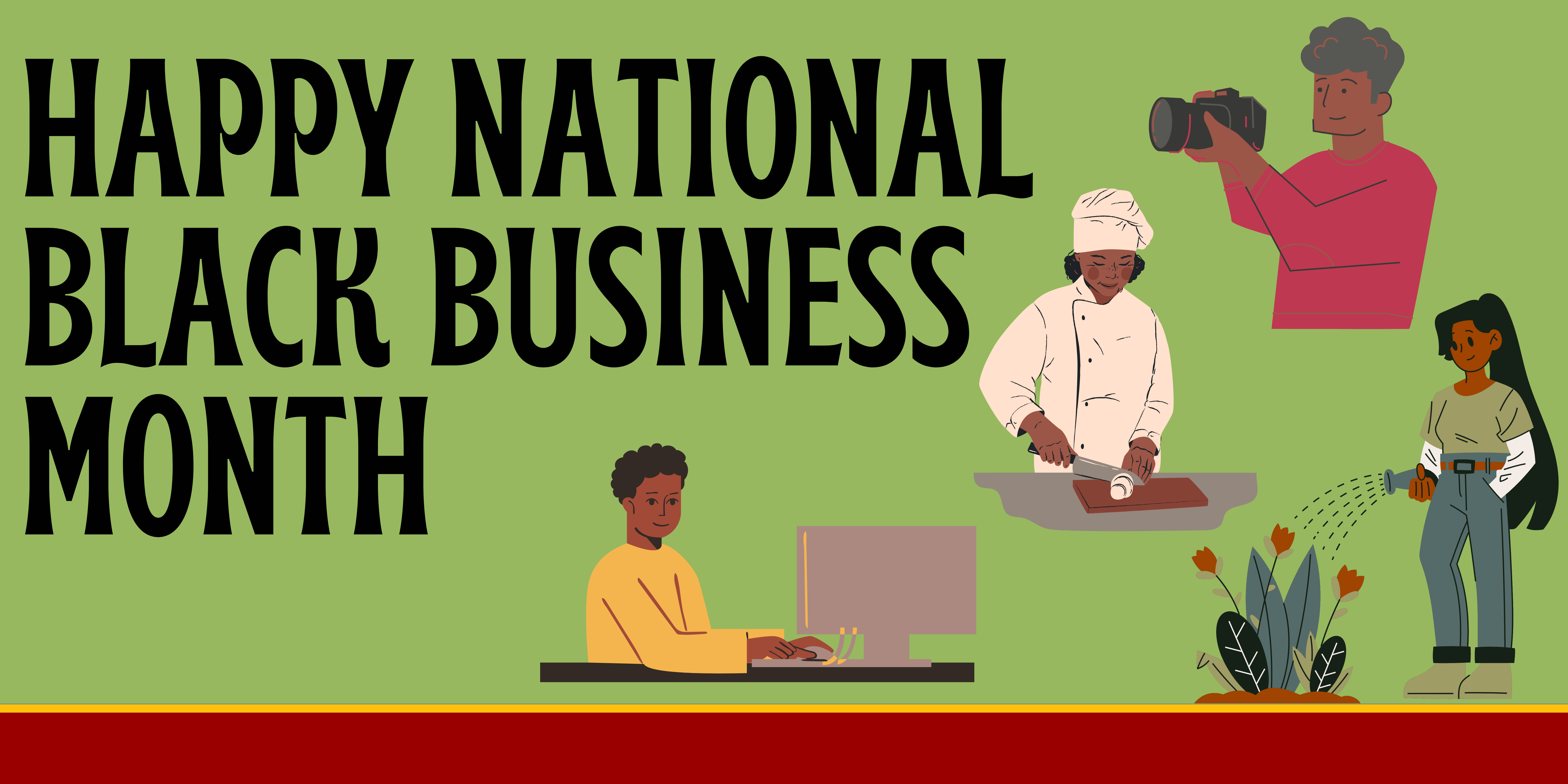 A banner featuring cartoon characters of black business owners engaged in various activities.