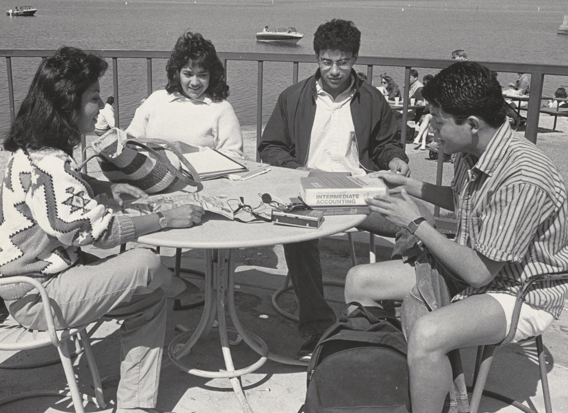 Photo of a group of students studying at the Memorial Union Terrace