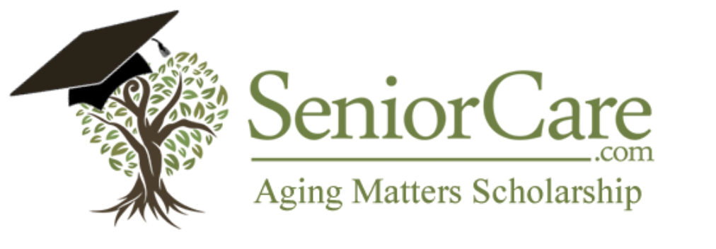 Banner which reads "SeniorCare.com Aging Matters Scholarship" in green text. A tree with a graduation cap pictured to the left.
