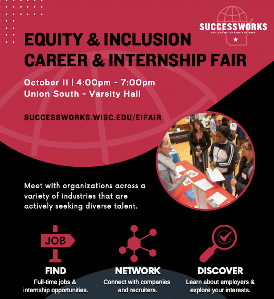 A banner titled "Equity & Inclusion Career & Internship Fair."