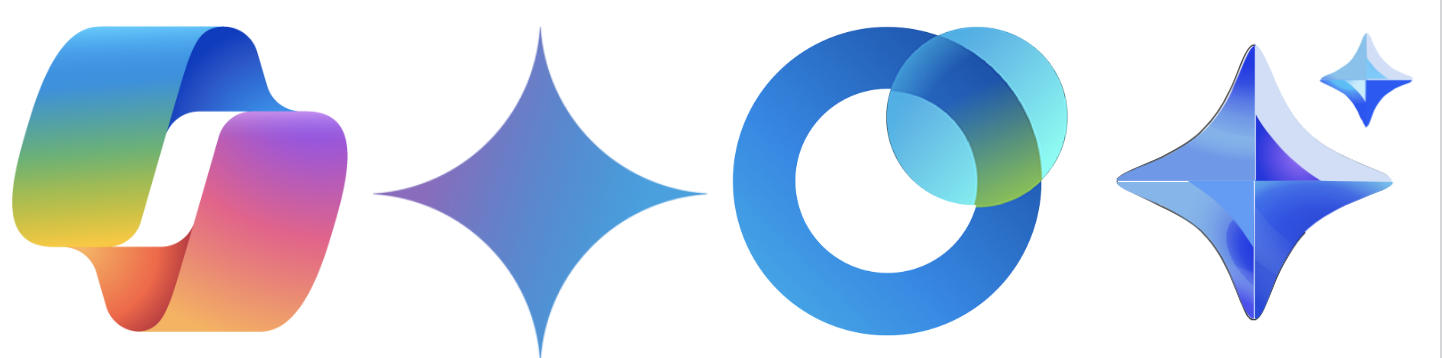 Logos of the AI tools Microsoft Copilot, Google Gemini, WebEx AI Assistant, and Zoom AI Companion 