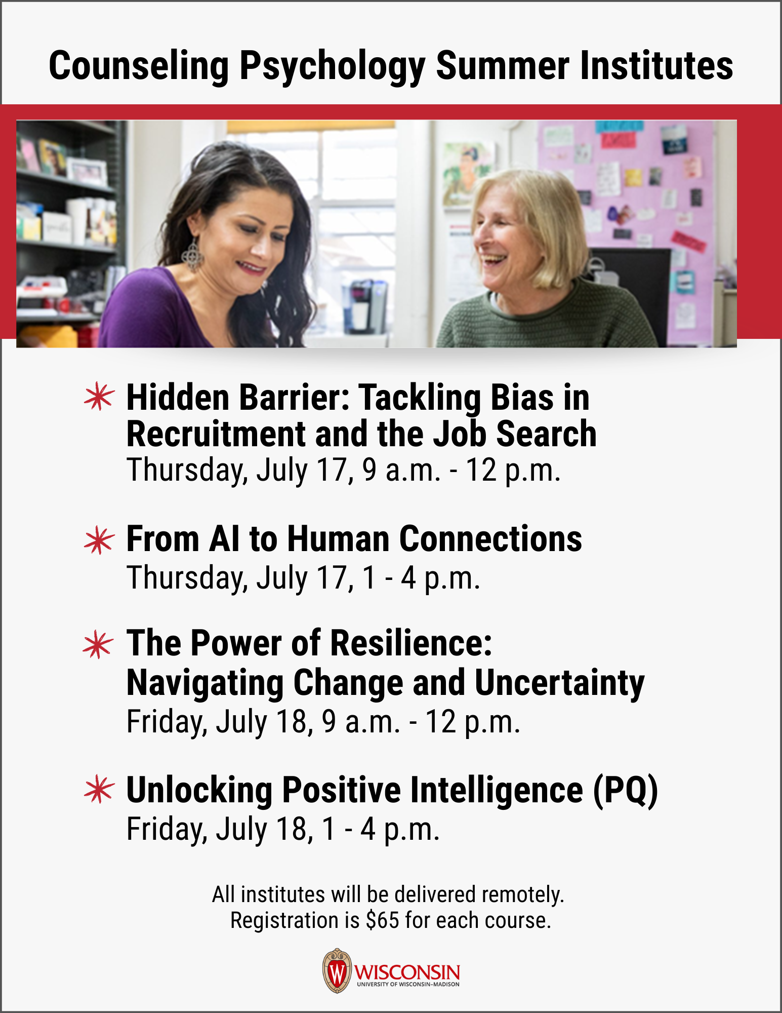 Decorative image of flyer for Counseling Psychology Summer Institutes that links to more information at https://counselingpsych.education.wisc.edu/clinic-and-outreach/facilitating-career-development-fcd/professional-development-institutes/
