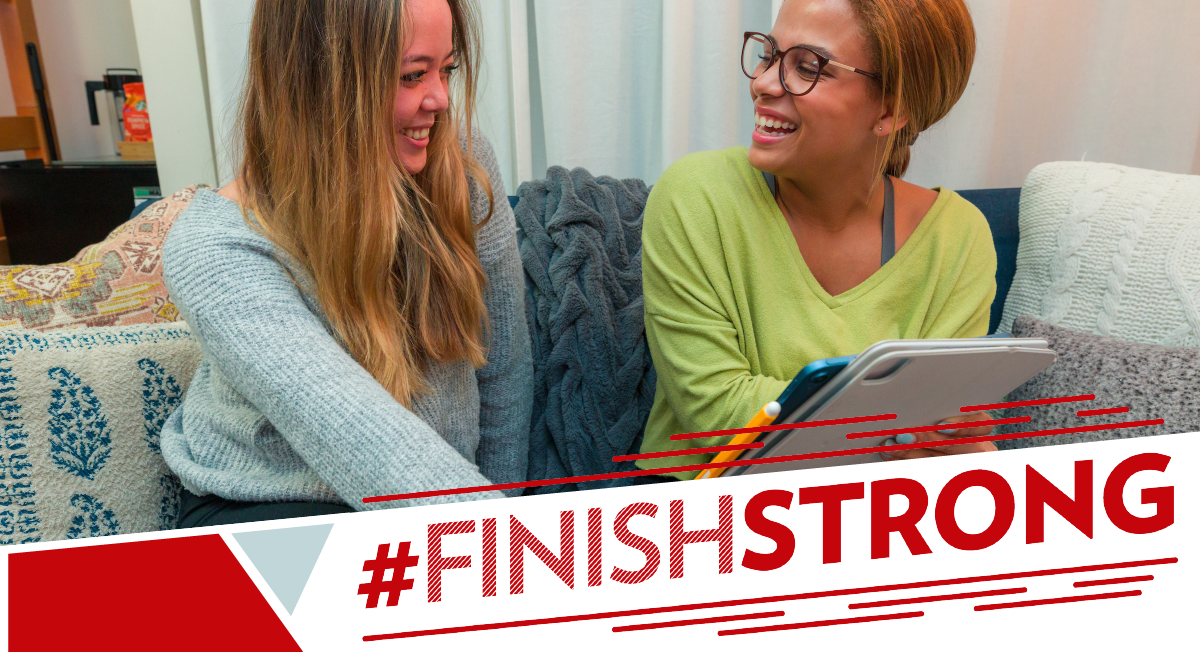 #FinishStrong image of two students studying in their residence hall room