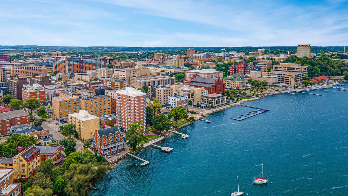 An aerial photo of Lake Mendota and downtown Madison