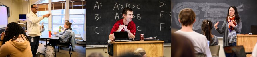 Triptych of photos of 3 different UW–Madison instructors interacting with students during class