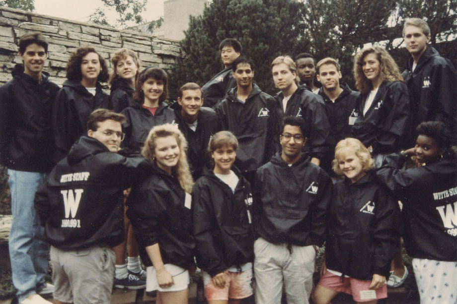 Witte Residence Hall staff posing for a photo, all in matching windbreaker jackets