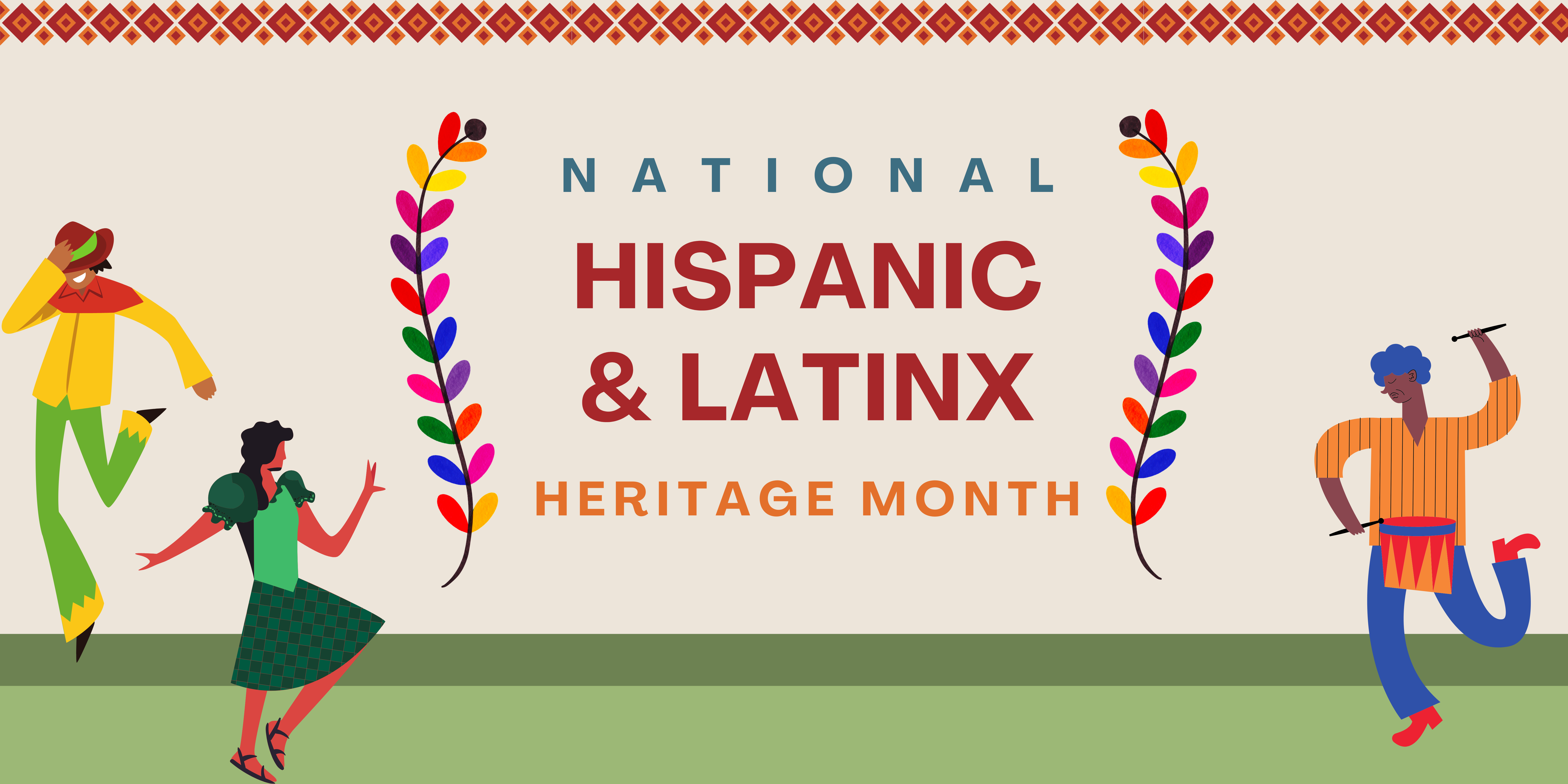 A banner celebrating National Hispanic and Latinx Heritage Month with dancing cartoons and a colorful design