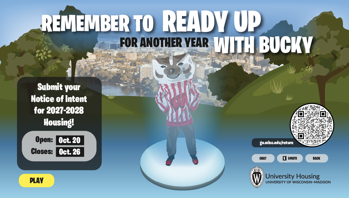 "Remember to Ready Up for Another Year with Bucky" Returning Residents Graphic