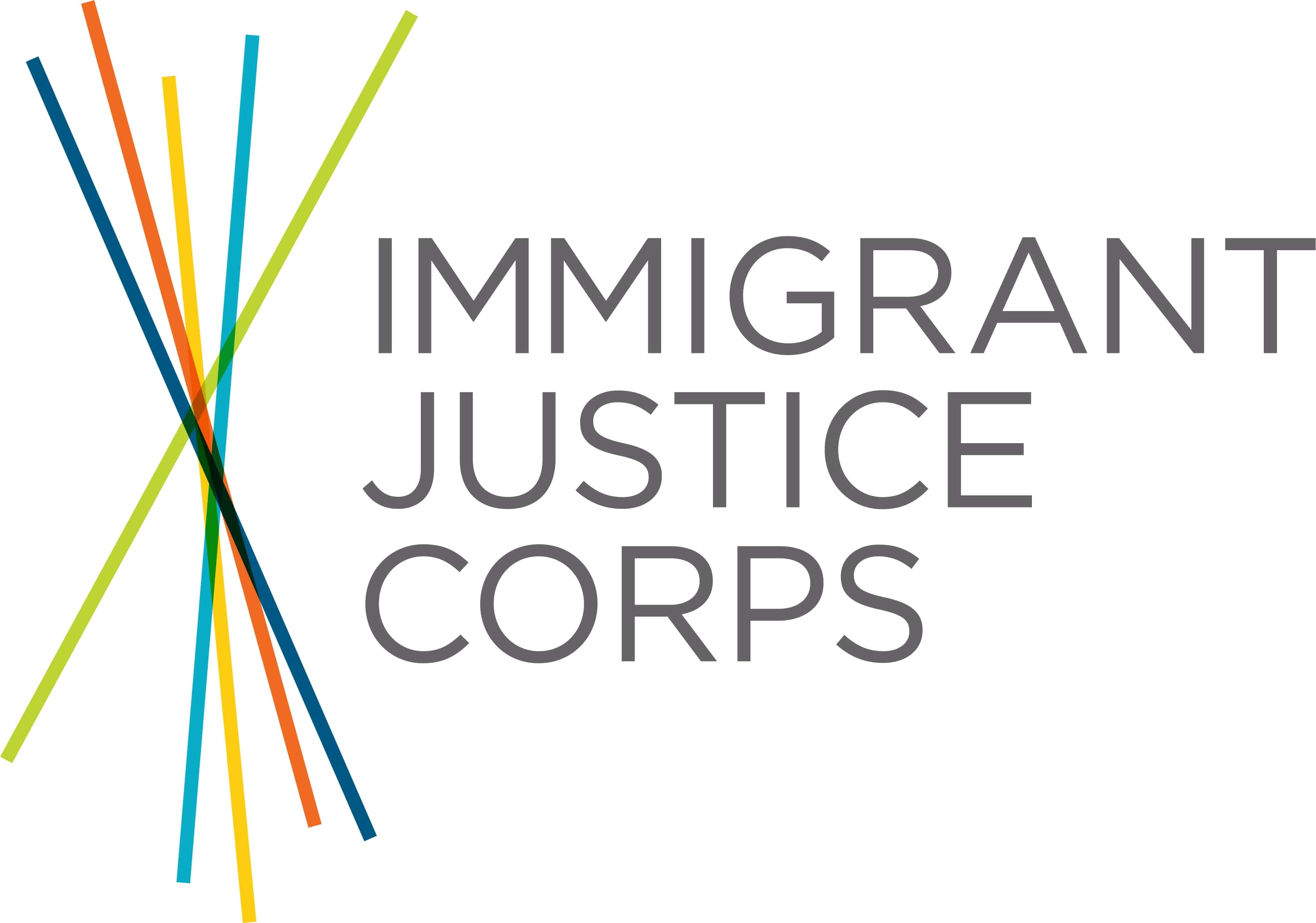 White banner titled, "Immigrant Justice Corps" with logo that including different colored lines intersecting