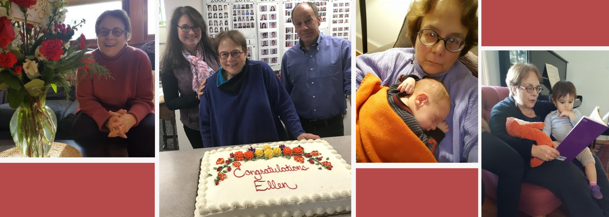 A collage of photos of Ellen with a vase of flowers, standing next to Tina Hunter and Jim Raymo behind a cake, and with her grandchildren.