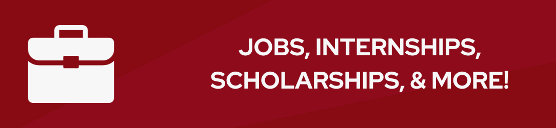 Red banner with a briefcase icon that says "Jobs, Internships, Scholarships & More" in white