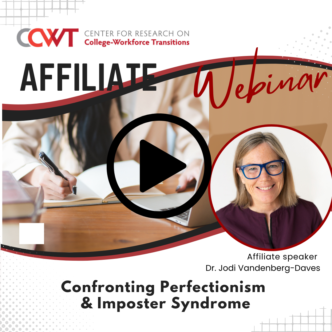 Decorative thumbnail image linking to recorded webinar titled, "Confronting Perfectionism and Imposter Syndrome"