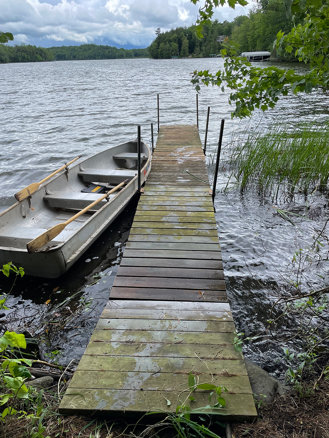 An empty silver row boat is docked next to a moss-covered wooden dock that stretches into a lake with many shoreline trees and emergent vegetation near the shore. There are a lot of white clouds just above the horizon.
